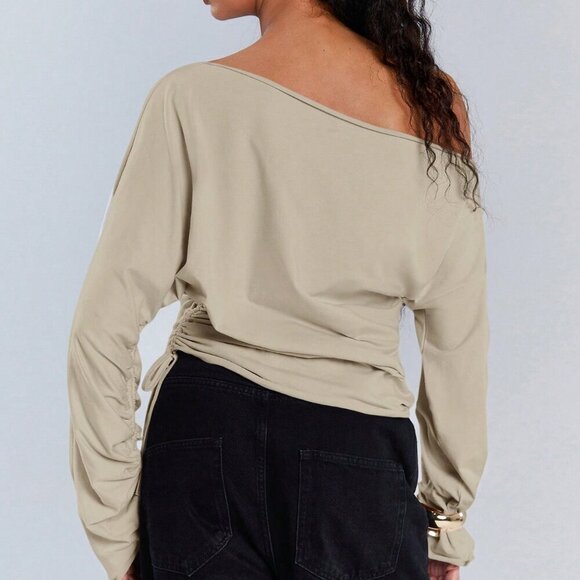 Apricot Casual Women's Asymmetric Collar Drawstring Top - Picture 7 of 7